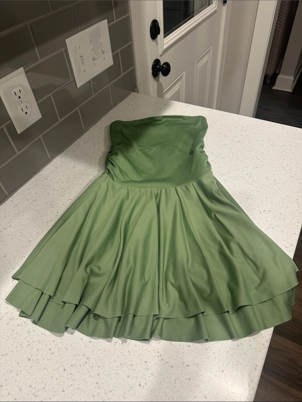 Strapless Green Tiered Skater Dress